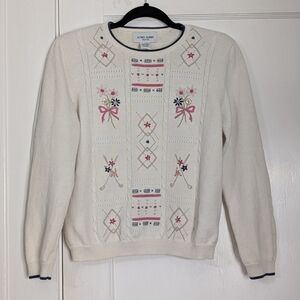 Vintage Alfred Dunner Petite PM Embroidered Sweater Ivory Cottagecore